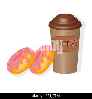 Un bicchiere di caffè e due ciambelle smaltate isolate su uno sfondo bianco da vicino. Per la progettazione di menu, la pubblicità o l'imballaggio. Colazione gustosa. Foto Stock