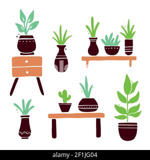 Set disegnato a mano di carino pianta domestica con pentola. Semplice stile piatto alla moda. Collezione per arredamento giardino interno. Illustrazione Vettoriale