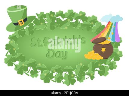 Sfondo festivo per la celebrazione del giorno di San Patrizio. Cartoline, poster o volantini di invito con un cappello verde leprechaun, shamrock, pentola con oro Foto Stock