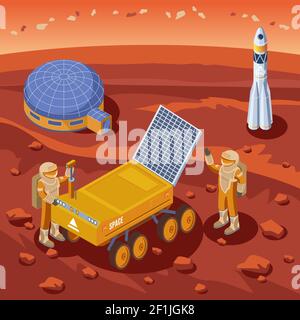 Modello di esplorazione di Marte isometrico con astronauti luna rover colonia e. razzo sul pianeta paesaggio illustrazione vettoriale Illustrazione Vettoriale