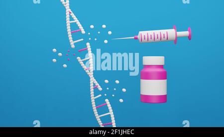 Rendering 3D della vaccinazione contro il pericoloso virus covid-19 e DNA umano.Illustrazione di un'immagine digitale per la medicina. Foto Stock