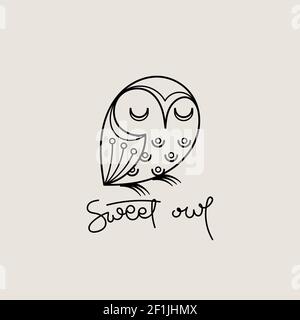 Logo con contorno di gufo dolce. Design con emblema isolato Doodel. Simbolo dell'educazione dei bambini. Illustrazione vettoriale Illustrazione Vettoriale