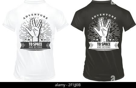 Vintage stampe a mano modello con iscrizione vulcan saluto saluto gesto sunburst su camicie bianche e nere immagine vettoriale isolata Illustrazione Vettoriale
