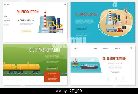 Siti web dell'industria petrolifera piatta con benzina ferroviaria di impianti di raffineria carro cisterna derrick nave cisterna carro di perforazione in mare illustrazione vettoriale Illustrazione Vettoriale