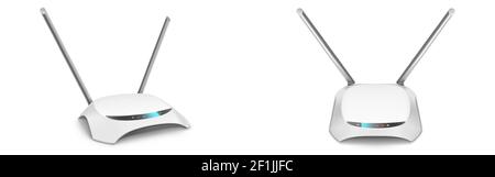 Mockup con vista frontale e laterale del router Wi-Fi, dispositivo domestico vuoto con antenne per connessione Internet wireless isolato su sfondo bianco. Tecnologie moderne, illustrazione vettoriale 3d realistica, simulazione Illustrazione Vettoriale