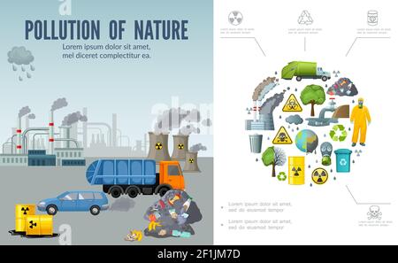 Composizione piana di inquinamento climatico con barili di auto di camion di rifiuti di camini di fabbrica di rifiuti terra uomo albero in maschera tuta protettiva riciclare il vettore dei segni Illustrazione Vettoriale