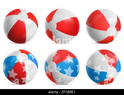 Palloni da spiaggia, giocattoli gonfiabili per giochi estivi di colore bianco, rosso e blu con motivi a stelle, oggetto isolato, palloncini in gomma rimbalzanti in diverse posizioni, illustrazione vettoriale 3d realistica, set Illustrazione Vettoriale