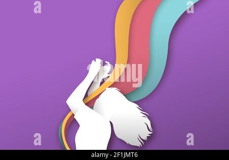 Happy woman dancing, silhouette di giovane ragazza carattere con colorata onda di musica in 3d taglio di carta. Divertente evento sociale o spettacolo musicale c Illustrazione Vettoriale