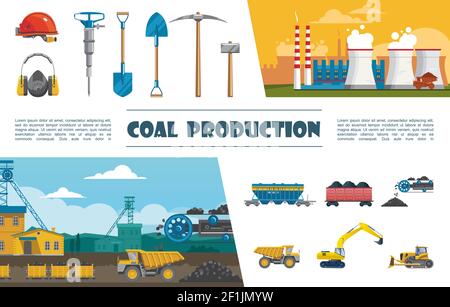 Set di elementi piatti per l'industria mineraria con pala per trapano a casco carro a casco del trasportatore a carbone con escavatore bulldozer per camion a carbone impianto industriale Illustrazione Vettoriale