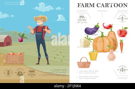 Cartoon agricoltura colorato concetto con melanzane ravanello zucca mela carota pepe pera e contadino in fattoria paesaggio illustrazione vettore Illustrazione Vettoriale