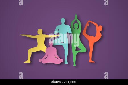 Gruppo di persone colorate in yoga posa insieme, 3d papercut illustrazione artigianale per il concetto di fitness o uno stile di vita sano. Relax asana meditazione positi Illustrazione Vettoriale