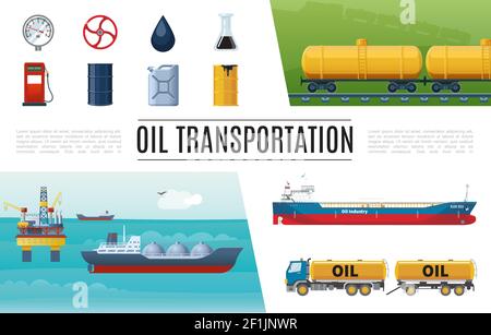 Set di elementi per l'industria petrolifera piatta con autocisterna per stazioni di servizio per camion valvola manometro canister canister serbatoi benzina carro di perforazione in mare vettore illustrazione Illustrazione Vettoriale