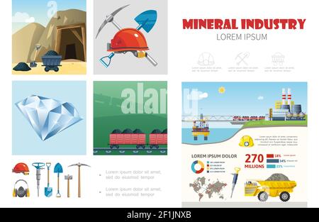 Modello infografico piatto per l'industria mineraria con pala per trapano a casco pickaxe illustrazione vettoriale del dumper per dell'impianto di estrazione mineraria per il trasporto del carbone Illustrazione Vettoriale