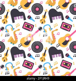 Strumento musicale colorato motivo senza giunture con cartoni animati piano, chitarra, vinile e altre icone di attrezzature musicali. Design di sfondo audio in stile retrò. Illustrazione Vettoriale