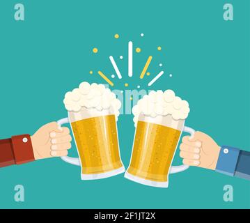 Due mani che tengono bicchieri da birra. Illustrazione Vettoriale