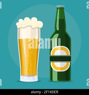 bicchiere di birra e bottiglia icona piatta Illustrazione Vettoriale