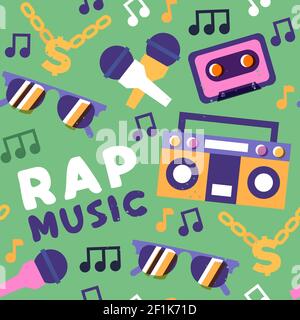 Musica rap senza interruzioni illustrazione di colorate icone musicali hip hop in stile retrò. Sfondo urbano con microfono, catena d'oro, mixtape. Illustrazione Vettoriale