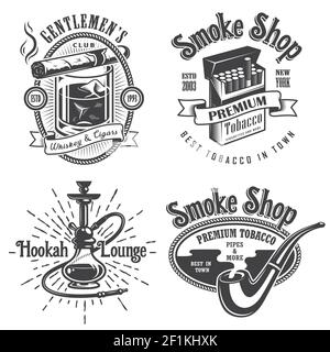 Set di emblemi, etichette, loghi e badge per affumare il tabacco d'epoca. Stile monocromatico. Isolato su sfondo bianco Illustrazione Vettoriale