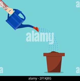 La mano che tiene annaffiatura può annaffiare pianta in pentola Illustrazione Vettoriale