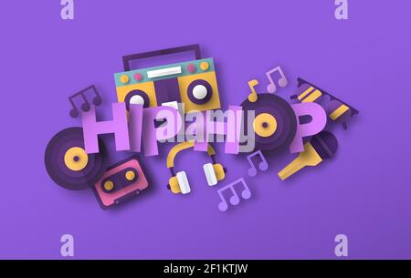 Illustrazione di stile musicale hip hop con icone di attrezzature audio con taglio di carta 3d. Concerto urbano, concetto di evento musicale dal vivo. Include microfono, retro b Illustrazione Vettoriale