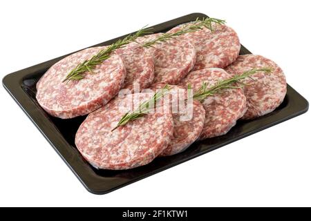 Polpette di hamburger di agnello grezzo isolate su sfondo bianco Foto Stock