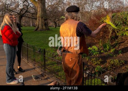 Uomo che alimenta i parrocchetti a St James Park - Westminster, Londra, Regno Unito Foto Stock