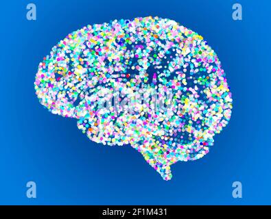 Cervello stilizzato con punti. Idee e pensieri, essere creativi. Cerchi multicolore. Vista laterale dell'organo cerebrale. Anatomia umana. Particelle Foto Stock