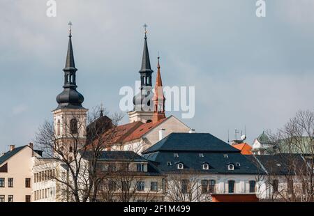 Torri del municipio in Jihlava, regione Vysocina, Highland, Repubblica Ceca Foto Stock