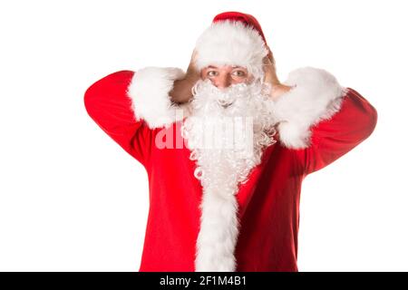 Vacanze e fine settimana. Divertente grasso Babbo Natale. Sfondo bianco. Foto Stock
