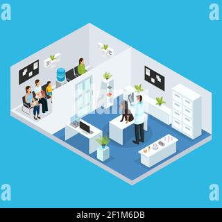 Concetto di clinica veterinaria isometrica con coda di persone con loro animali domestici e veterinario che esamina il cane in cabina isolato vettore illustrazione Illustrazione Vettoriale
