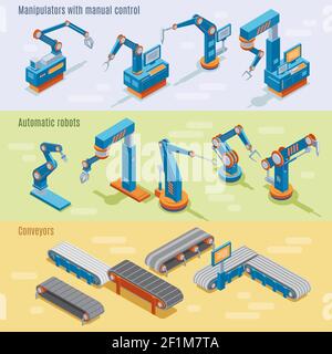 Striscioni orizzontali industriali automatizzati isometrici con bracci robotici manipolatori e illustrazione vettoriale delle parti della linea di assemblaggio Illustrazione Vettoriale