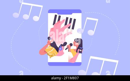 Cartoni animati piatti che ascoltano musica con le cuffie e suonano strumenti musicali all'interno dell'app per smartphone. Streaming audio o tecnologia mobile co Illustrazione Vettoriale