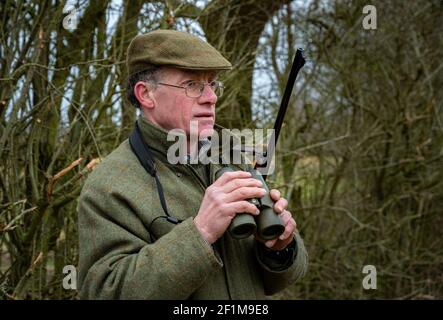 Lincolnshire, Inghilterra, Regno Unito. Un deerstalker finalmente luce guardando e avvistare cervi per l'abbattimento e la gestione come parte di un programma di conservazione Foto Stock