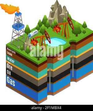 Concetto di estrazione del gas isometrico con carro di perforazione derricks e diversi strati di suolo isolato vettore illustrazione Illustrazione Vettoriale