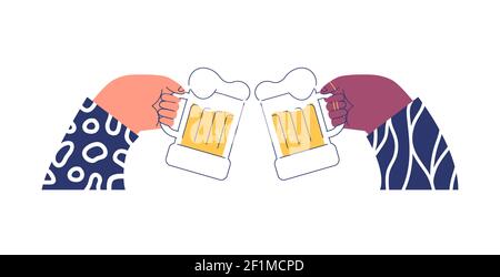 Due persone tengono il bicchiere di birra su uno sfondo bianco isolato. Illustrazione moderna del fumetto piatto per la festa del bar, il consumo di alcol o celebrità sociali Illustrazione Vettoriale