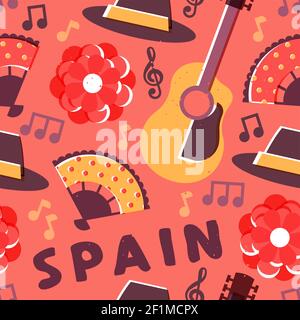 Cultura spagnola illustrazione senza giunture. Spagna viaggio sfondo design con chitarra, musica flamenco, fiore di rose e molto altro. Illustrazione Vettoriale