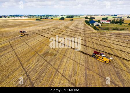 Vista aerea della mietitrebbia sul campo durante la mietitura Foto Stock