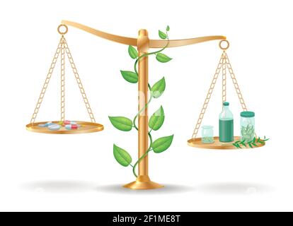 Medicina alternativa libra equilibrio concetto con pillole di droga su uno erbe e piante laterali e naturali su un altro vettore di piastra illustrazione Illustrazione Vettoriale