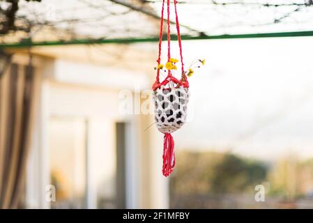 Pentola di macrame fatta a mano con margherita Foto Stock