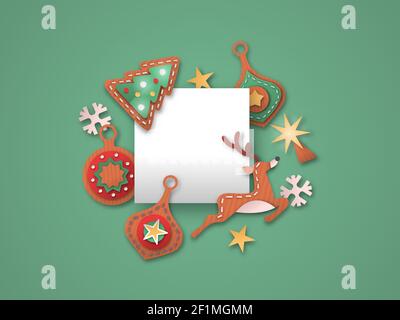 Modello di biglietto d'auguri natalizio con icone papercut per le festività e cornice bianca vuota. Include ornamento di artigianato in carta 3D, pino, decorazione delle renne Illustrazione Vettoriale