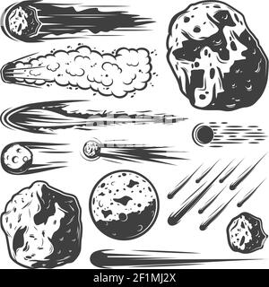 Collezione di meteore d'epoca con comete in caduta asteroidi e meteoriti di illustrazione vettoriale isolata di forme diverse Illustrazione Vettoriale