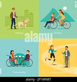 Persone disabili quadrato concetto di cieco uomo che cammina con il cane bicicletta speciale per viaggi romantici rapporti e comunicazione tra invalidi ve Illustrazione Vettoriale