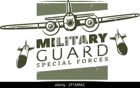 Modello di logotipo militare vintage con iscrizione e bomber pesante caduto illustrazione vettoriale isolata delle bombe Illustrazione Vettoriale
