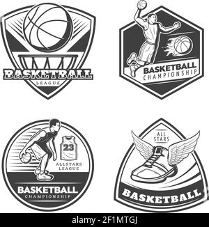 Emblemi da basket vintage con giocatori che dribbling palle punk in cerchio e sneaker con ali isolato vettore illustrazione Illustrazione Vettoriale
