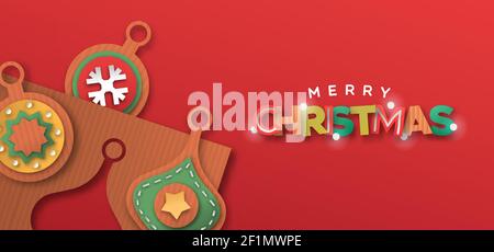 Allegro banner di Natale web illustrazione, colorata decorazione ornamento stagione natale fatto di carta riciclata di cartone. 3D papercut Natale craft design f Illustrazione Vettoriale