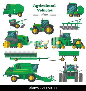 Icone piatte dei veicoli agricoli impostate con gli elementi dei rimorchi dei trattori della mietitrebbia di coltivazione e irrigazione illustrazione vettoriale isolata Illustrazione Vettoriale