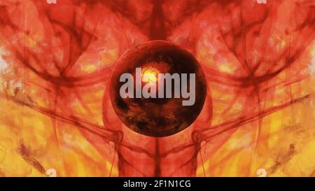 Astratto palla scura su uno sfondo di fumo rosso. Opere artistiche Foto Stock