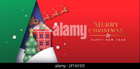 Buon Natale Felice anno nuovo papercut illustrazione della stagione invernale paesaggio all'interno della forma di pino. Magic babbo natale slitta e casa in carta craf Illustrazione Vettoriale