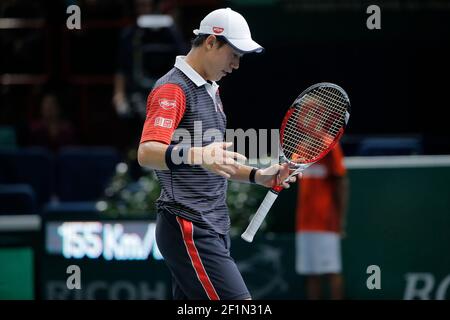 Kei NISHIKORI (JPN) mentre la sua partita contro David FERRER (ESP) durante il BNP Paribas Masters Indoor 2014, al Palais Omnisports de Paris-Bercy, a Parigi, Francia, giorno 5, ottobre 31, 2014. Foto Stephane Allaman / DPPI Foto Stock