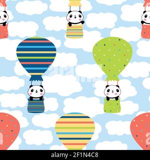 Carino panda Kawaii che viaggia in mongolfiera palloncini senza cuciture vettore modello sfondo. Luminoso sfondo multicolore con orsi di cartoni animati che volano in blu Illustrazione Vettoriale